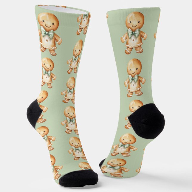 Chaussette Cute Aquarelle Pain d'épices Fille Motif Vert (Angulaire)