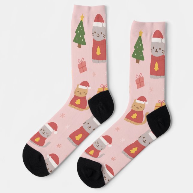 Chaussette Cute Christmas Cats Pattern – Pink Holiday Design (Gauche)