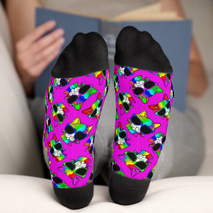 Chaussette CUTE Crazy Coloré Cool Rainbow Cats sur Hot Pink