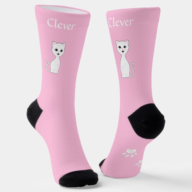 Chaussette Cute drôle Chat et pattes blanc blanc sur rose cla (Angulaire)