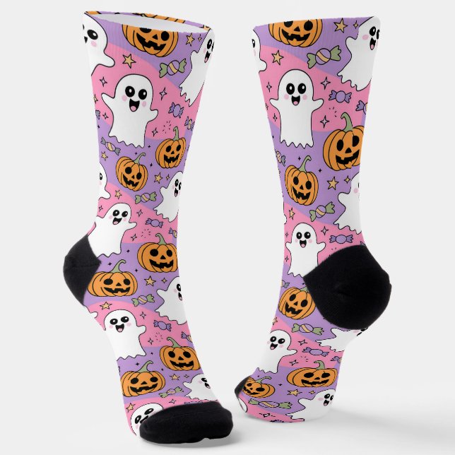 Chaussette Cute Halloween Fantôme et Citrouille (Angulaire)