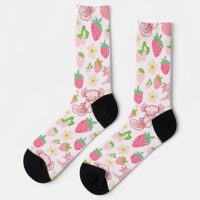 Chaussette Cute Kawaii Axolotl & Strawberry Seamless Pattern (Gauche)