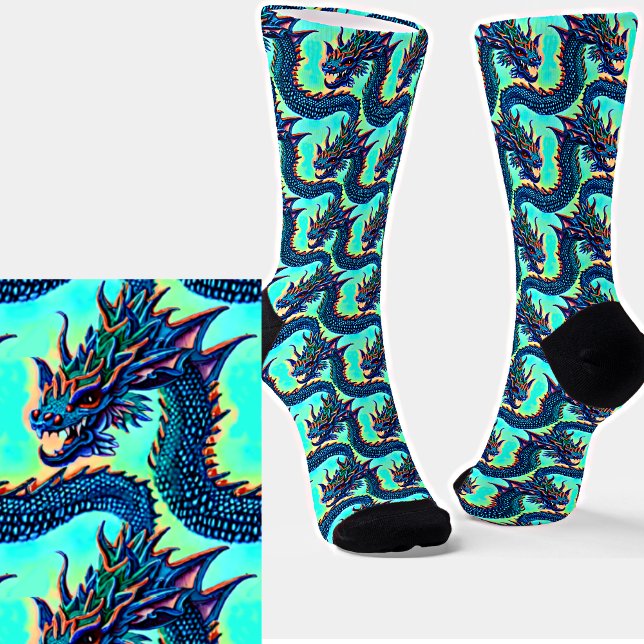 Chaussette Cute Kawaii Dragon Bleu Bébé sur Aqua  (Créateur téléchargé)