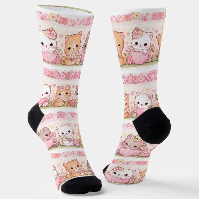 Chaussette Cute Kawaii Kittens Pastel Floral (Angulaire)