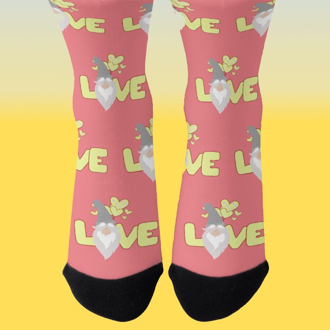 Chaussette Cute love Valentines Day Gnome  Pink Yellow Gray (Créateur téléchargé)