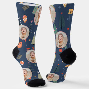 Chaussette Cute Navy Blue Funny Christmas Photo Holiday