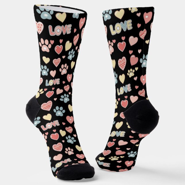 Chaussette Cute Pastel Paw Prints and Hearts Pattern "LOVE"  (Angulaire)