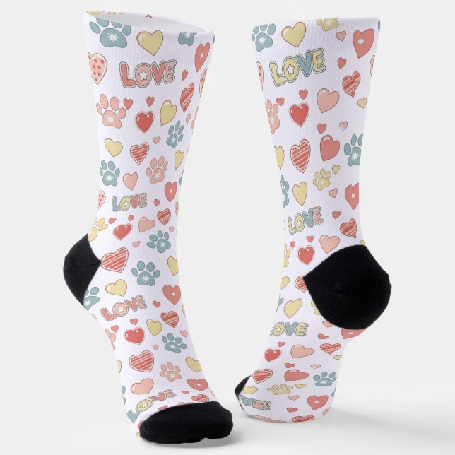 Chaussette Cute Pastel Paw Prints and Hearts Pattern "LOVE"  (Angulaire)