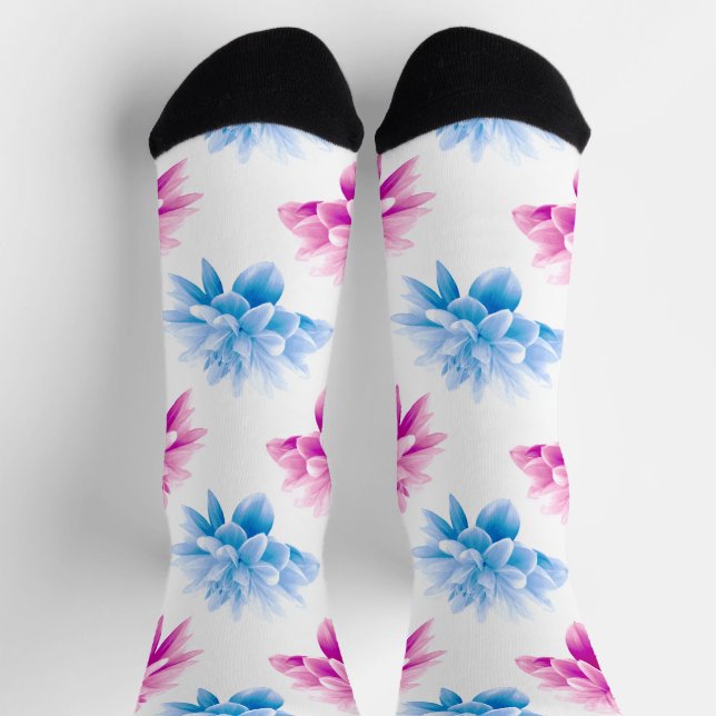 Chaussette Dahlia Rose, Dahla Bleue, Motif Floral, Fleurs (Haut)