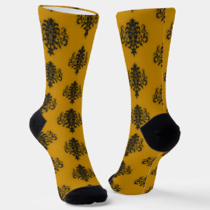 Chaussette Damas noir sur motif jaune moutarde
