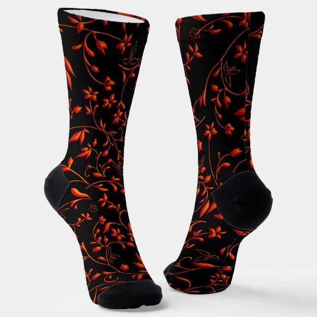 Chaussette Damas rouge orange sur noir (Angulaire)