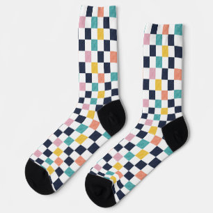 Chaussette Damier Corail Sarcelle Aquarelle