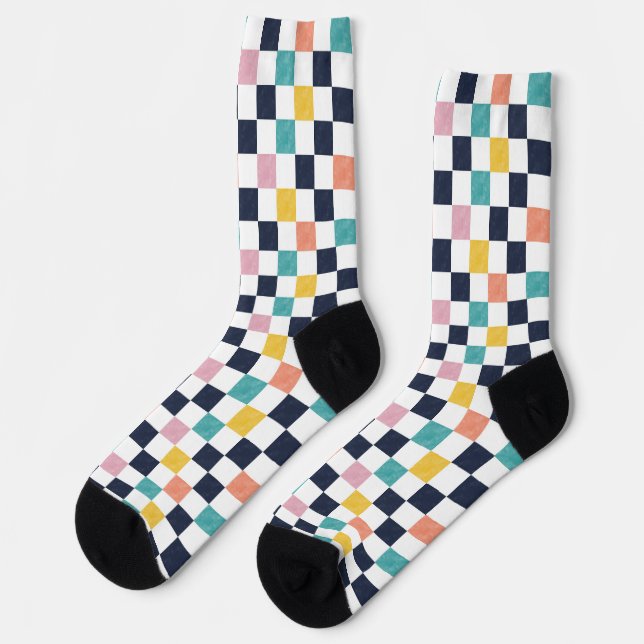 Chaussette Damier Corail Sarcelle Aquarelle (Gauche)
