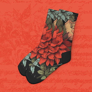 Chaussette Dark Academia Maximaliste Fleur de Dahlia Rouge 