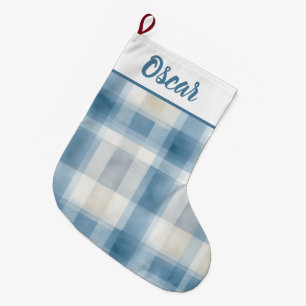 Chaussette de Noël à carreaux bleus et blancs avec