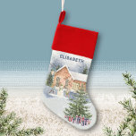 Chaussette De Noël Arbre de Noël Snowman Cadeaux Enfants Scène d'hive<br><div class="desc">Cette belle réserve de Noël présente une illustration romantique de l'aquarelle des merveilles hivernales avec un arbre de Noël dans un paysage enneigé avec des cadeaux, des baies et des branches. Dans l'arrière - plan vous pouvez voir une maison confortable et des enfants construire un bonhomme de neige. Une lanterne...</div>