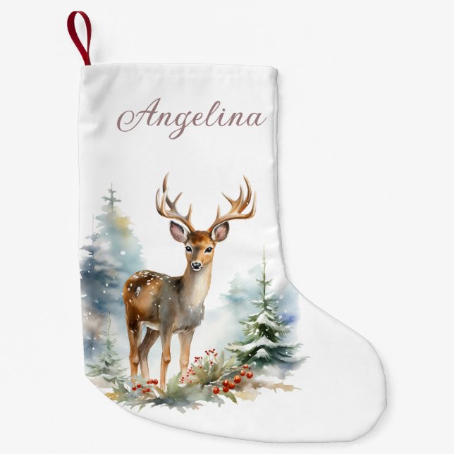 Chaussette de Noël avec aquarelle de cerfs d'hiver (Devant)