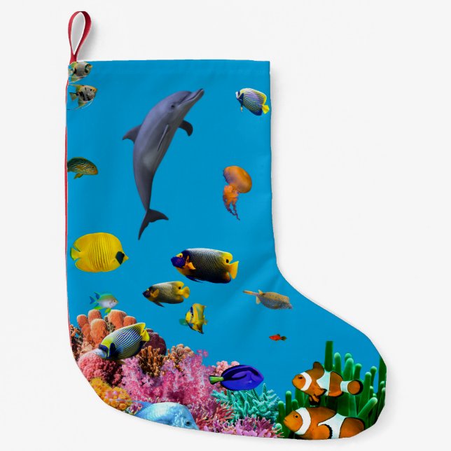 Chaussette de Noël bleue poisson tropical & dauphi (Devant)
