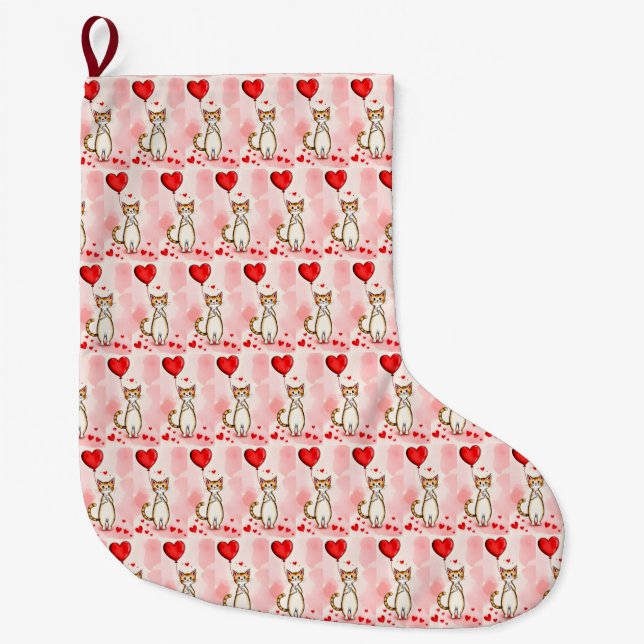 Chaussette de Noël, Chat coeurs rouges Amour (Devant)