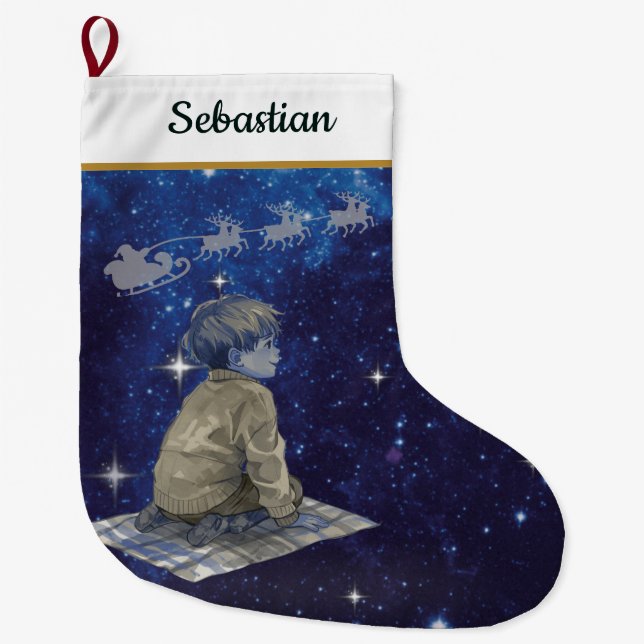 Chaussette de Noël Garçon Magique – Bleu Marine Ar (Devant)
