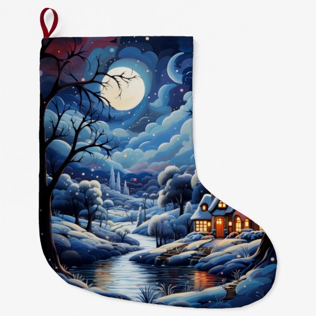 Chaussette de Noël joyeuse, village vintage (Devant)