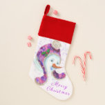 Chaussette De Noël Joyeux Snowman Noël Stocker<br><div class="desc">Noëls avec Happy Snowman dans Purple Rose Beanie Hiver Casquette amusant Collection de peinture de Noël - ou Choisissez / Ajouter Votre Unique Texte / Nom / Couleur - Faire Votre Cadeau spécial de stockage de Noël - Redimensionner et déplacer ou supprimer / ajouter des éléments - image / texte...</div>