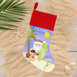 Chaussette De Noël Noël Été Père Noël Beach Surf Personnalisé<br><div class="desc">Ce design présente une jolie scène de plage de Noël d'été avec un Père Noël de surf tropical avec un palmier festif et un bonhomme de neige de sable sur la plage. Parfait pour ceux qui fêtent un Noël tropical ou d'été #Noël #Noël #Noël #cadeaux #décoration de noël #bas de...</div>