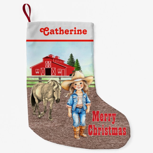 Chaussette De Noël Petite fille occidentale avec cheval et grange (Devant)