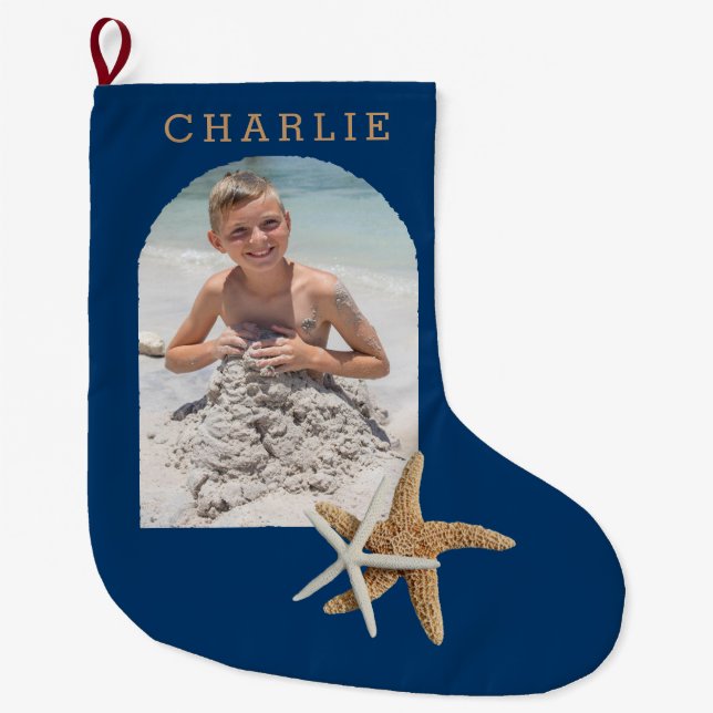 Chaussette de Noël Photo Navy Blue Étoile de Mer (Devant)