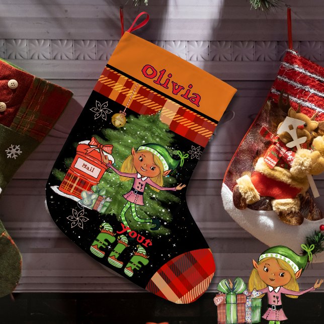 Chaussette de Noël pour fille - Petit Elfe Fantais (Whimsical Little Elf Girl Kids Christmas Stocking )
