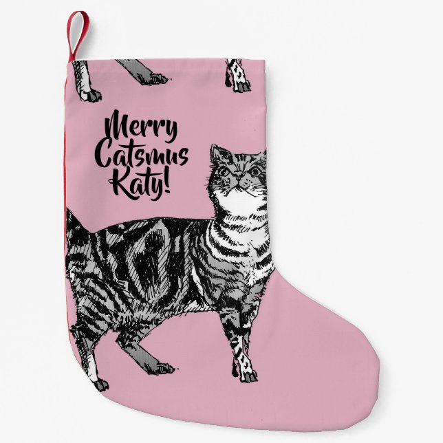 Chaussette de Noël rose Catsmus joyeux chat tigré (Devant)