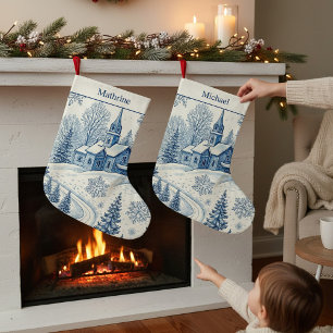 Chaussette de Noël Vintage Église Bleu Blanc Hiver