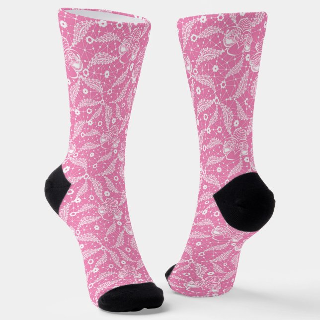 Chaussette Dentelle florale blanche sur fond rose  (Angulaire)