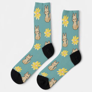 Chaussette Design mignon Chats adorables avec fleurs l Bleu