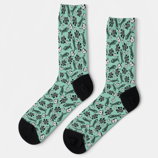 Chaussette Dessin de chats drôles bleu clair noir et blanc (Gauche)