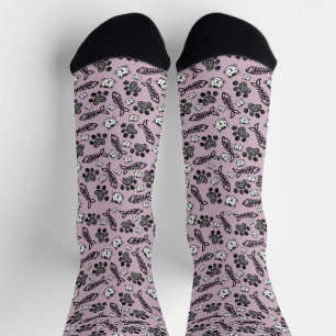 Chaussette Dessin de chats noirs et blancs violets amusants