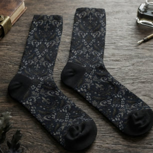Chaussette Dessin de corbeau en damas noir charbon gothique