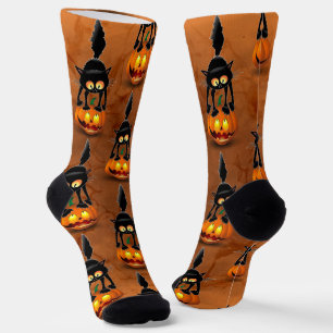 Chaussette Dessin d'Halloween au chat effrayé sur Citrouille