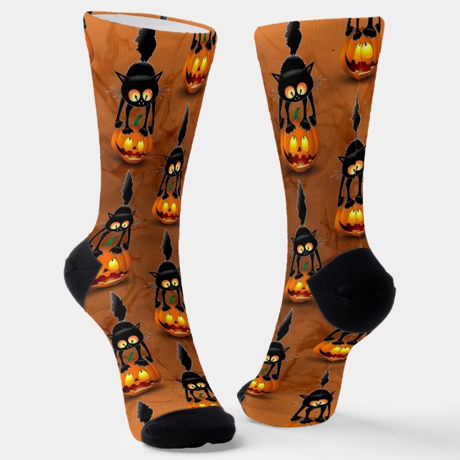 Chaussette Dessin d'Halloween au chat effrayé sur Citrouille (Angulaire)