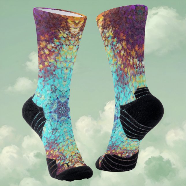 Chaussette Digital Mandala bleu jaune et violet (Blue Yellow and Purple Digital Paint Mandala Socks By Wormhole Orbital)