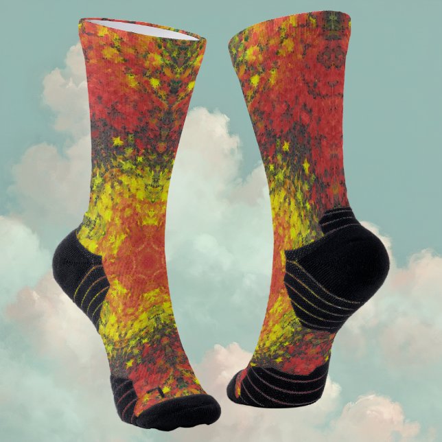 Chaussette Digital Mandala jaune rouge et noir (Yellow and Red Digital Paint Mandala Socks By Wormhole Orbital)