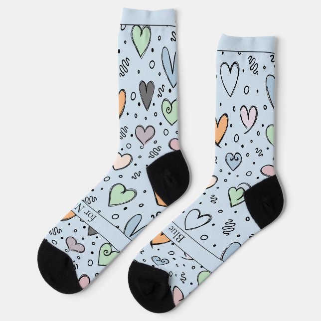 Chaussette Doodle Hearts on Light Blue with Text (Gauche)