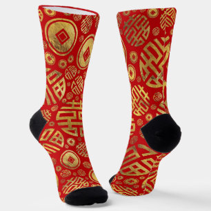 Chaussette Double bonheur et motif de pièces chinoises 