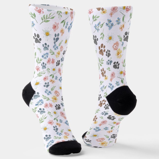 Chaussette 🐾 Douce Florale Aquarelle et Empreinte de Patte (Angulaire)