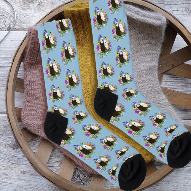 Chaussette Douce Paire de Furets Floraux Bleus Fantaisistes  (Créateur téléchargé)