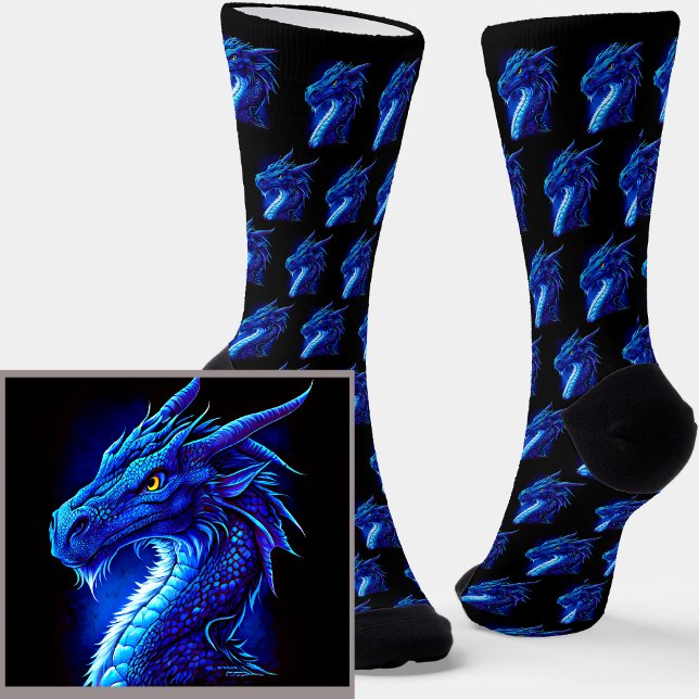Chaussette Dragon Imaginaire bleu spectaculaire sur noir (Créateur téléchargé)