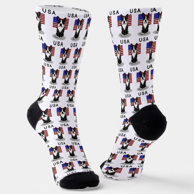Chaussette Drapeau américain mignon Boston Terrier Dog (noir) (Angulaire)