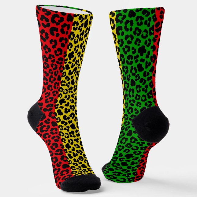 Chaussette Drapeau Rasta jamaïcain couleurs Empreinte de léop (Angulaire)