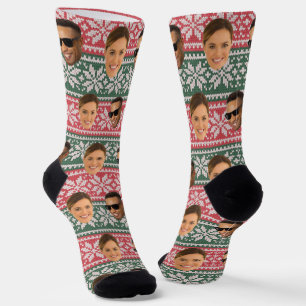 Chaussette Drôle 2 Visage Rouge Vert Motif Noël Personnalisé
