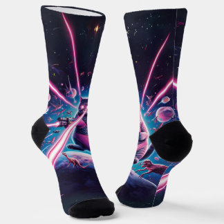 Chaussette Drôle chat géant et dinosaures dans l'espace